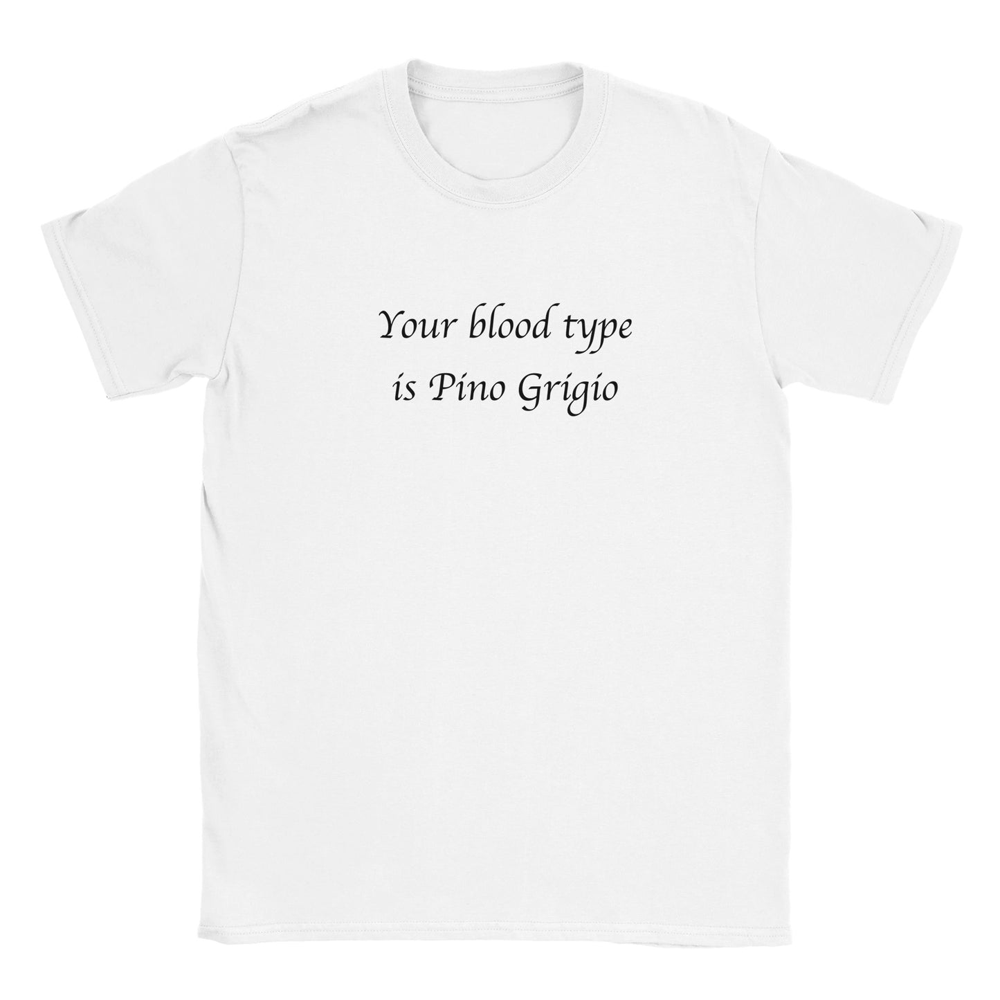 Rolig T-shirt med Your Blood Type is Pino Grigio tryck